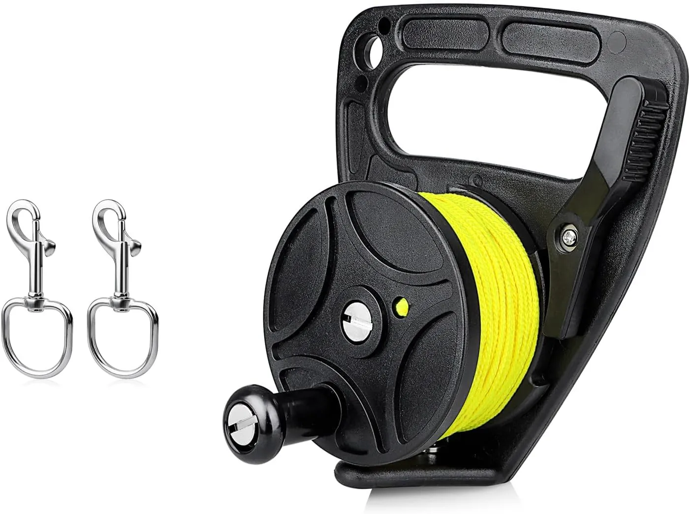 150ft Scuba Dive Reel with Thumb Stopper Black for Kayak Anchor, Cave, Wreck Diving 2 Piece Swivel Large Eye Bolt Snap Stainless Steel for Scuba Diving, Boat Anchor Rope