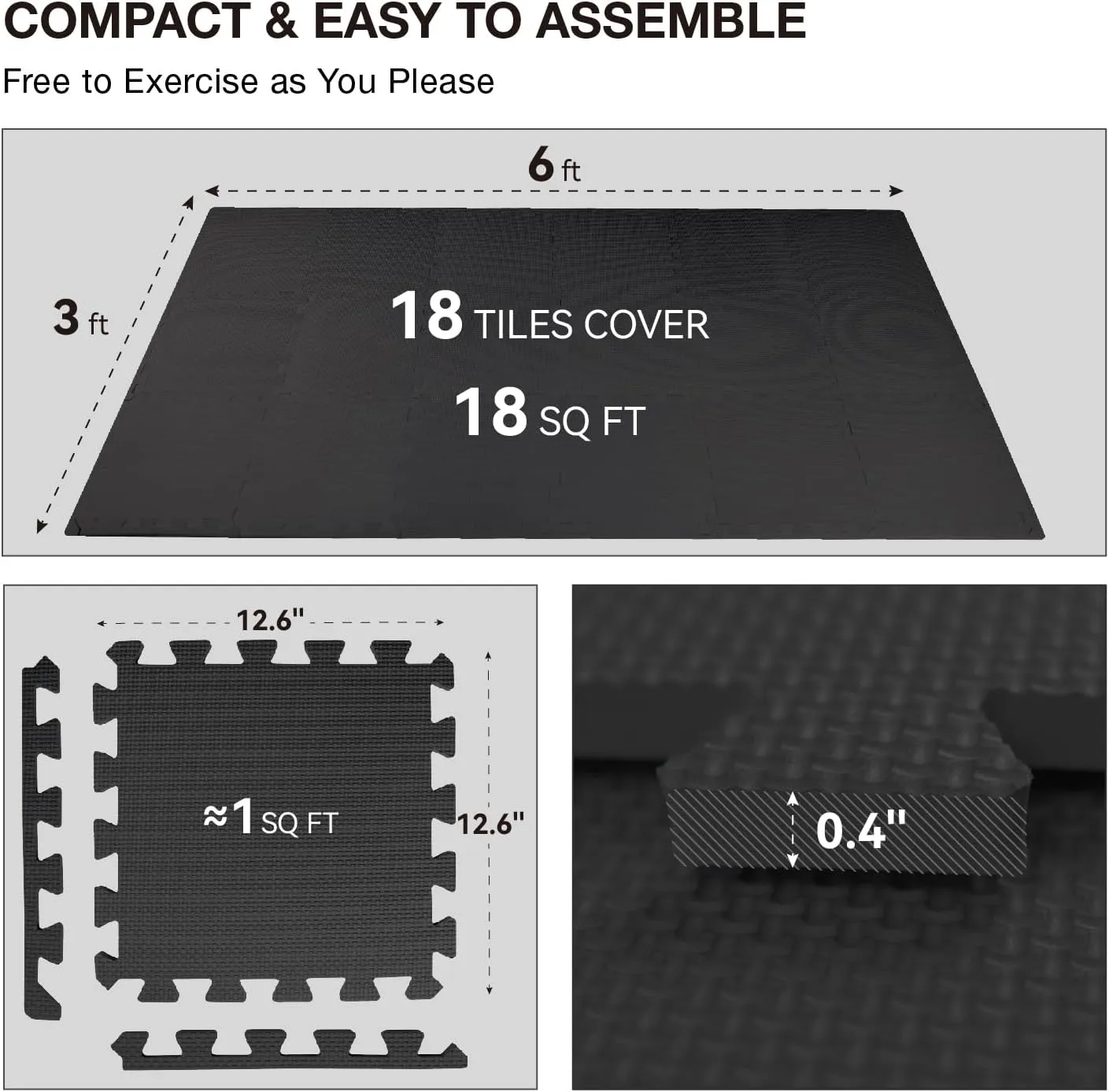 18 Tiles Gym Floor Mat, EVA Foam Puzzle Gym Mat, High-Density Interlocking Foam Floor Tiles for Home Gym, Play Workout Garage Kitchen Flooring