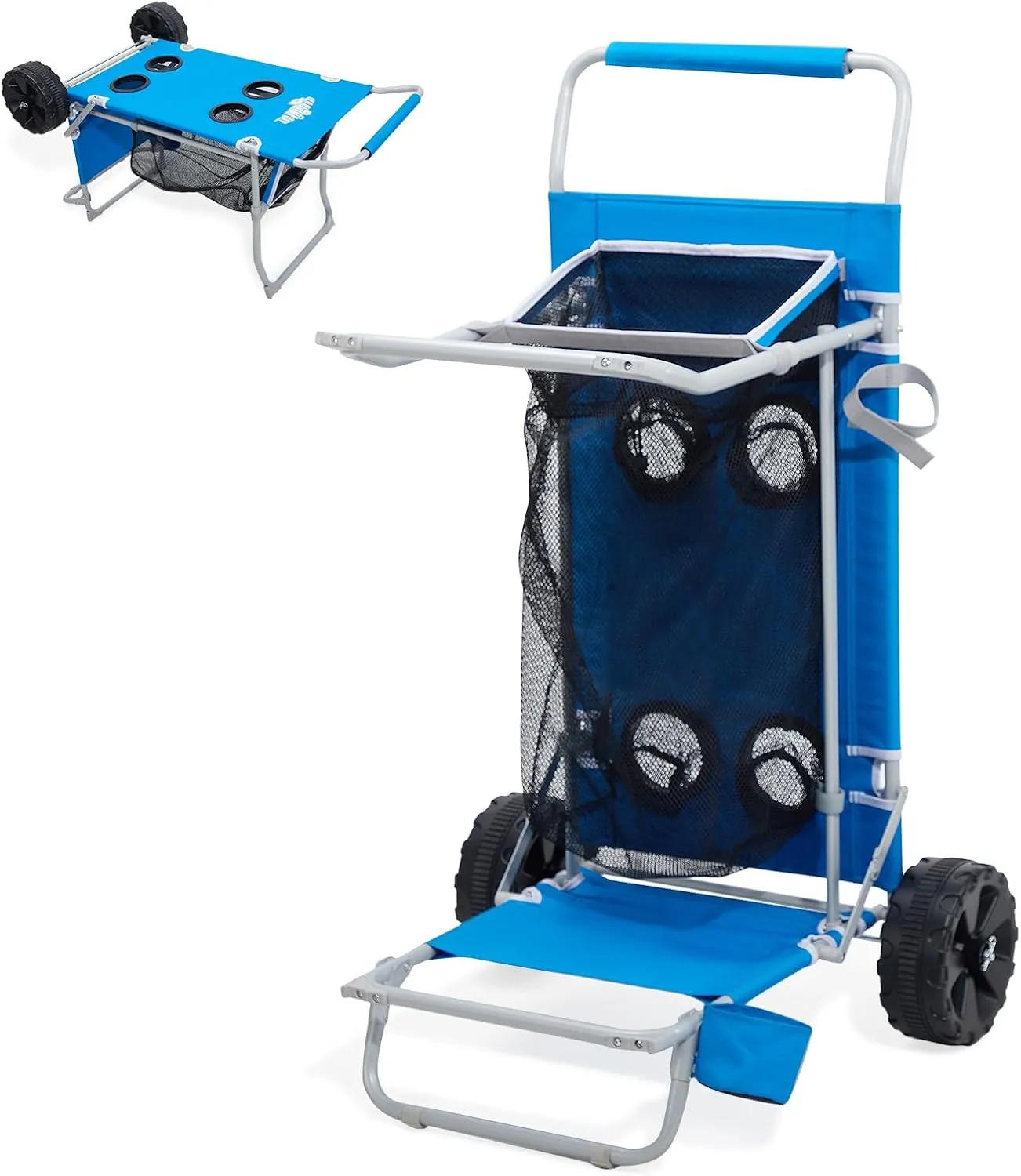 2-in-1 Beach Cart with Big Wheels for Sand, Folding Utility Wagon with Chair Holder, Mesh Storage, 4 Cup Holders, Umbrella Rack, Supports 100 lbs, Compact & Portable for Beach, Camping, Shopping, Blue