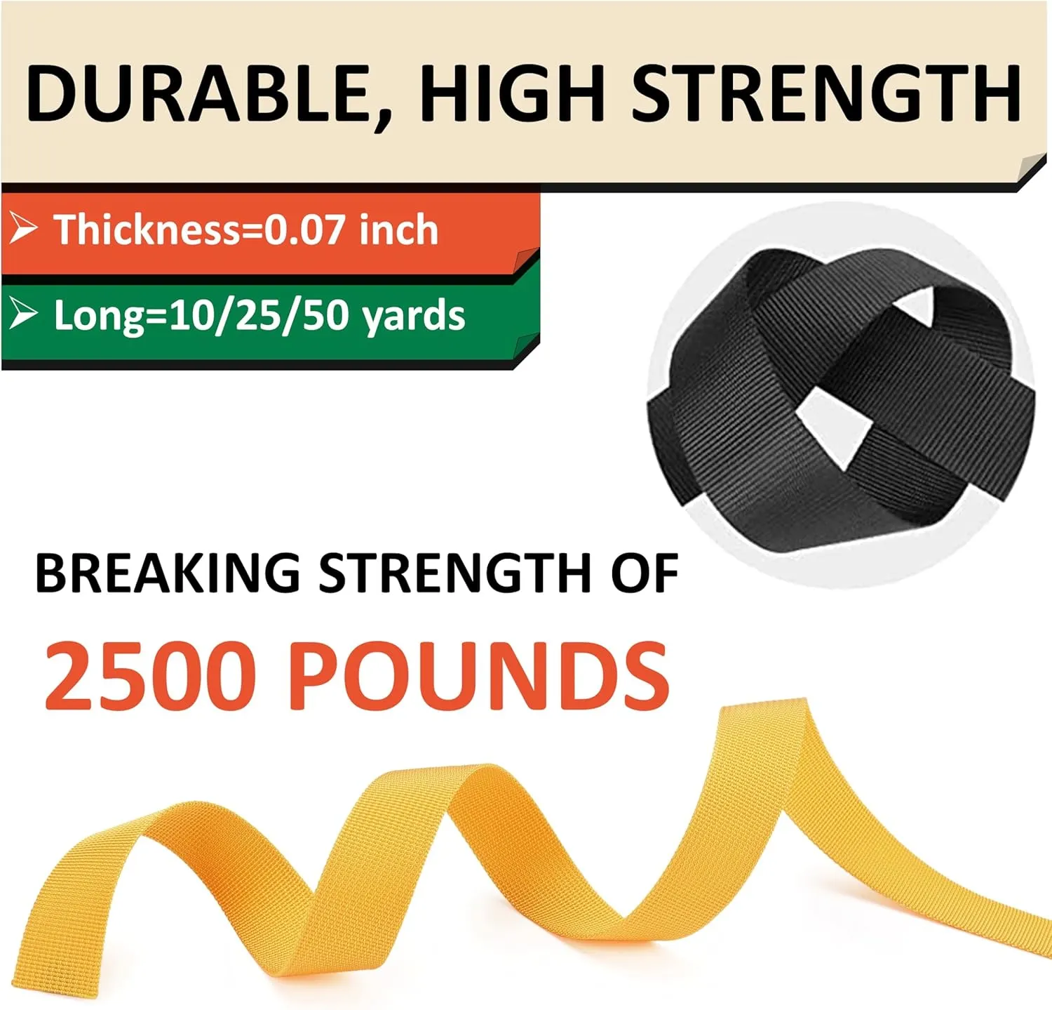 2 Inch Nylon Webbing Strap with Plastic Tri-Glide Slide Clips, 10 25 50 Yards Heavy Duty Nylon Strapping for Indoor or Outdoor Gear, DIY Crafting, Repairing