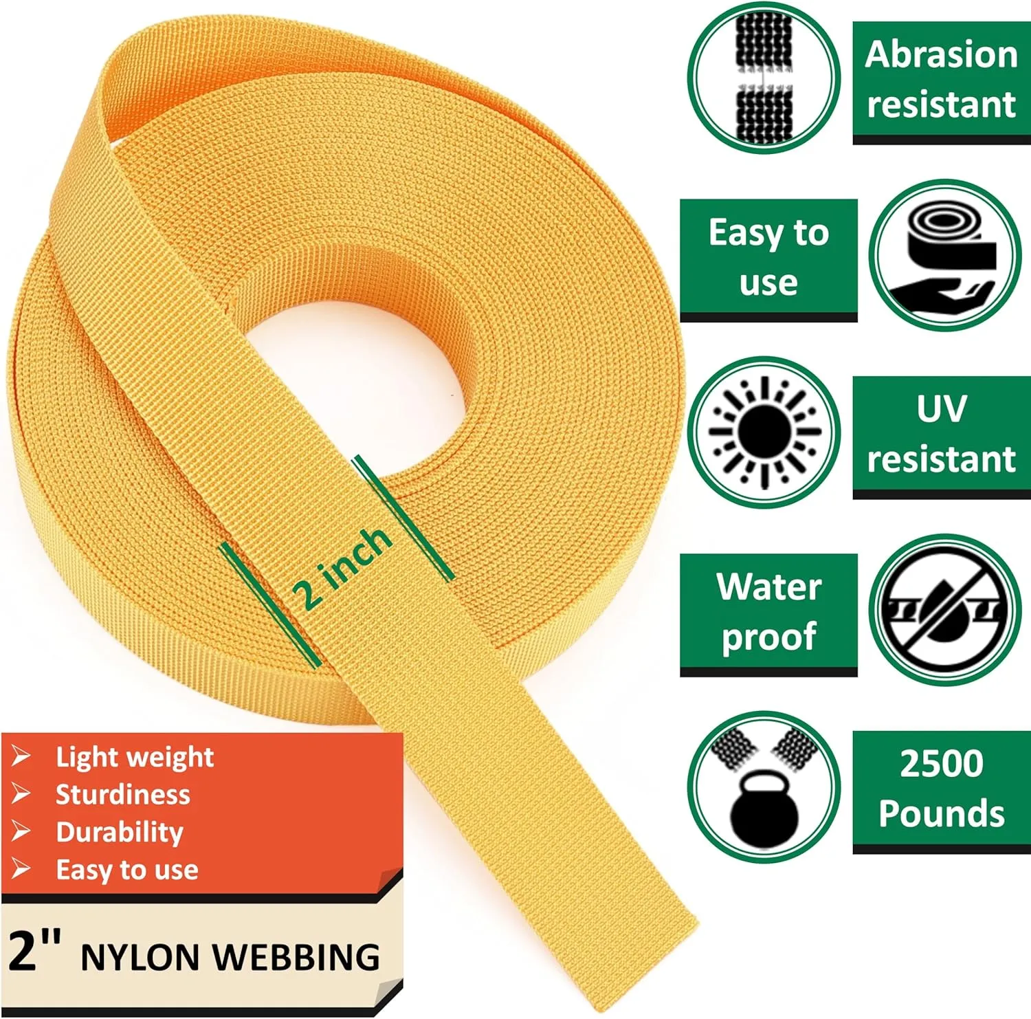 2 Inch Nylon Webbing Strap with Plastic Tri-Glide Slide Clips, 10 25 50 Yards Heavy Duty Nylon Strapping for Indoor or Outdoor Gear, DIY Crafting, Repairing