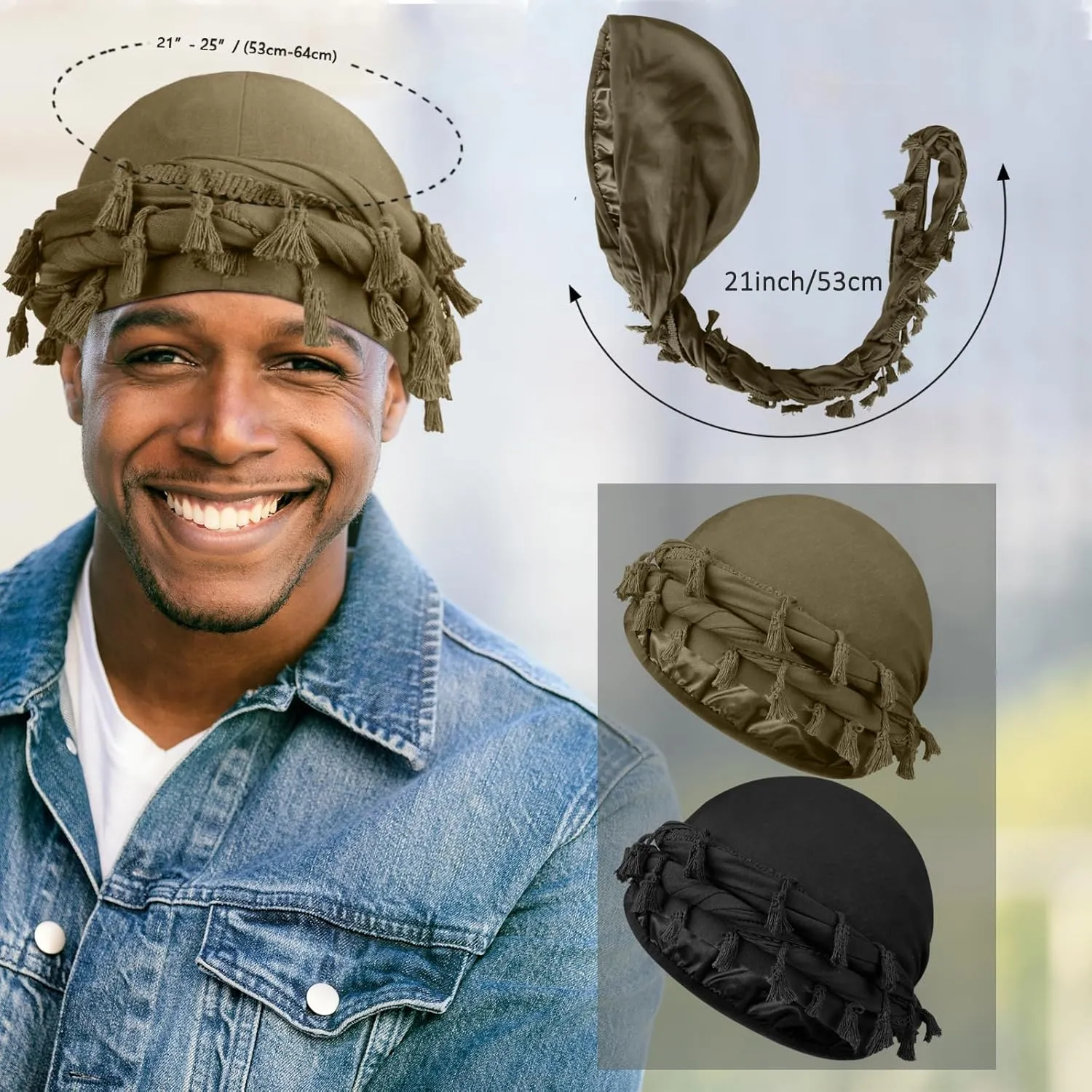 2 Pcs Satin Lined Turban With Long Twist Straps, Silky Head Wraps for Men, Halo Head Scarf for Hair