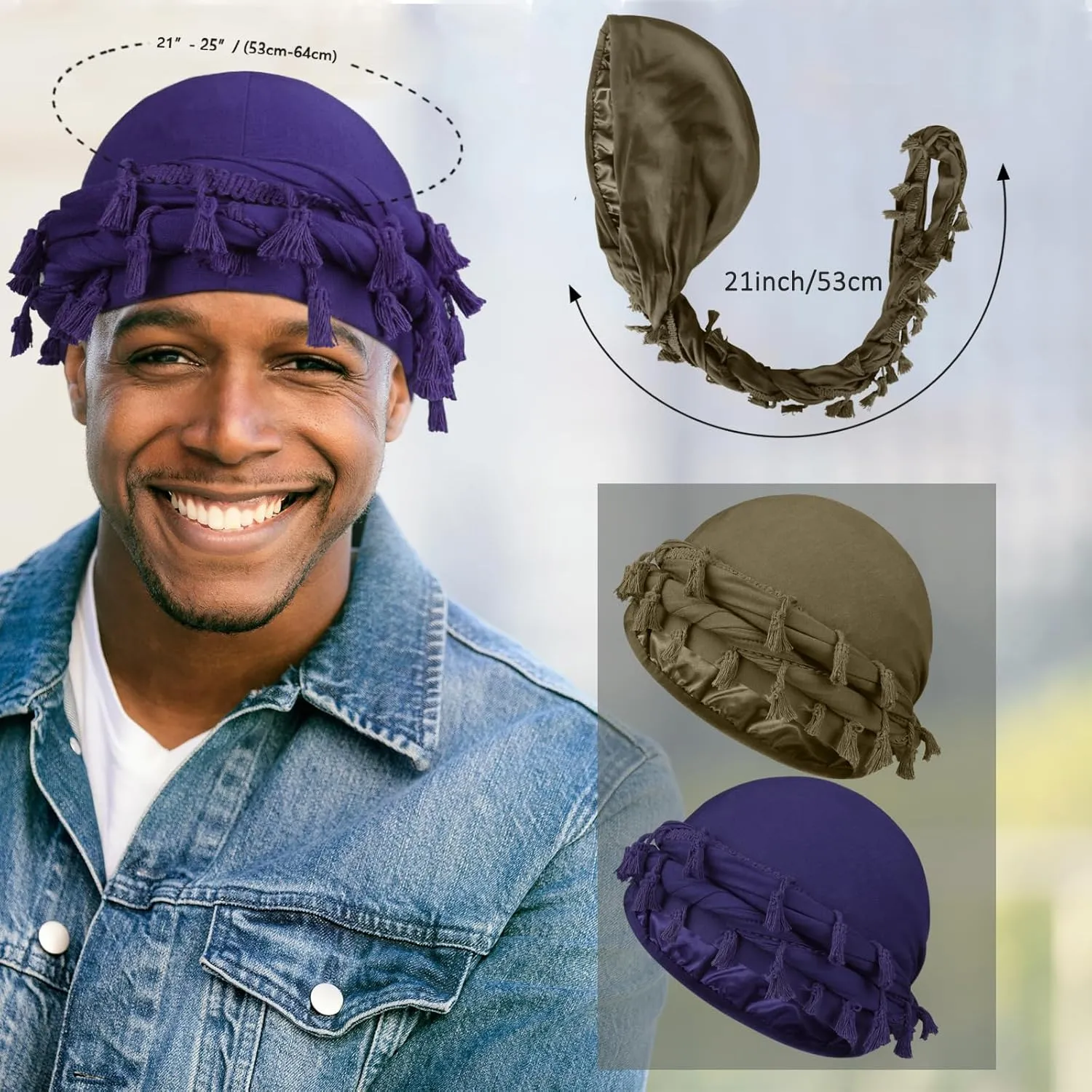 2 Pcs Satin Lined Turban With Long Twist Straps, Silky Head Wraps for Men, Halo Head Scarf for Hair