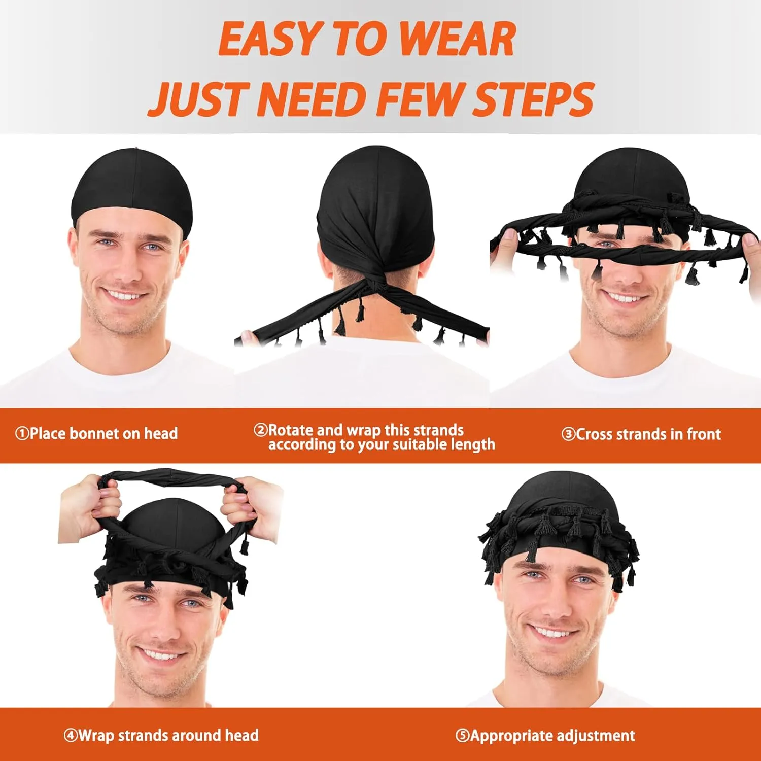 2 Pcs Satin Lined Turban With Long Twist Straps, Silky Head Wraps for Men, Halo Head Scarf for Hair