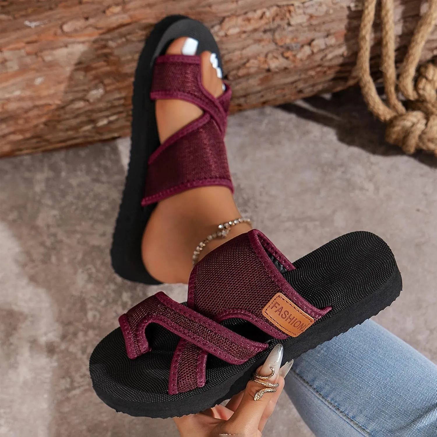 2024 Women's Hollow Mesh Slide Sandals, Summer Fashion Hollow Mesh Slide Sandals with Loop Toe, Casual Lightweight Flat Orthopedic Shoes Peep Toe Slippers(Black,US 8)
