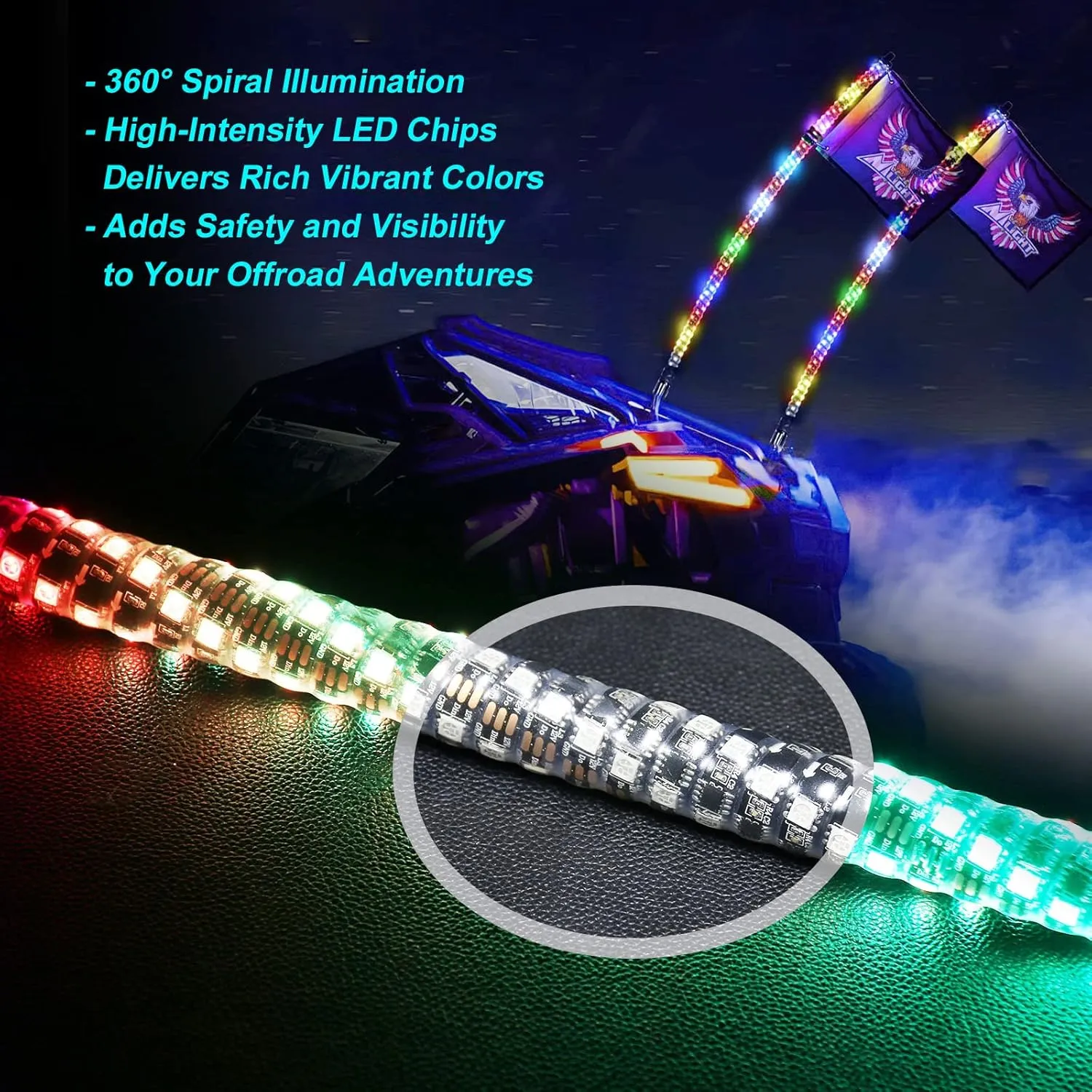 2PCS 4FT LED Whip Lights, Remote & App Control 600 Colors w/Waterproof Spiral Chase Illuminated Antenna Whip for UTV ATV, Polaris RZR, Offroad Vehicles, Trucks, Beach Dune Quad Wheeler Accessories