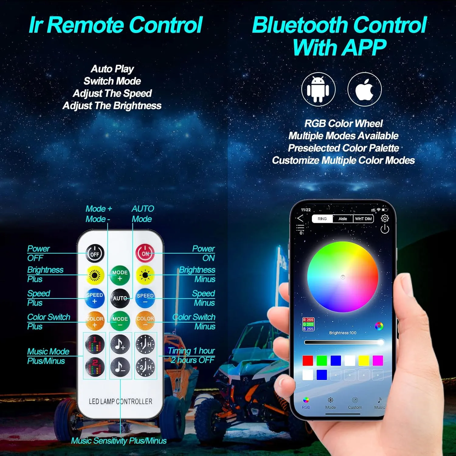2PCS 4FT LED Whip Lights, Remote & App Control 600 Colors w/Waterproof Spiral Chase Illuminated Antenna Whip for UTV ATV, Polaris RZR, Offroad Vehicles, Trucks, Beach Dune Quad Wheeler Accessories
