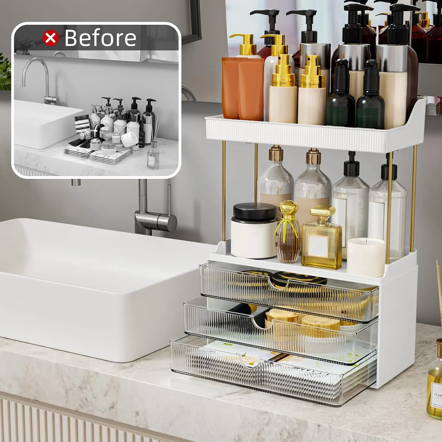 3 Drawers Bathroom Counter Organizer - 5 Tier Makeup Organizer, Versatile Perfume Organizer, Ideal for Bathroom Storage, Vanity, Large Skincare, Perfume, Present, Clear