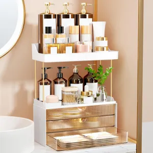3 Drawers Makeup Organizer - 5 Tier Bathroom Organizers and Storage, Versatile Perfume Vanity Organizer, Ideal for Cosmetic, Large Skincare, Face Mask, Office Supplies, Amber
