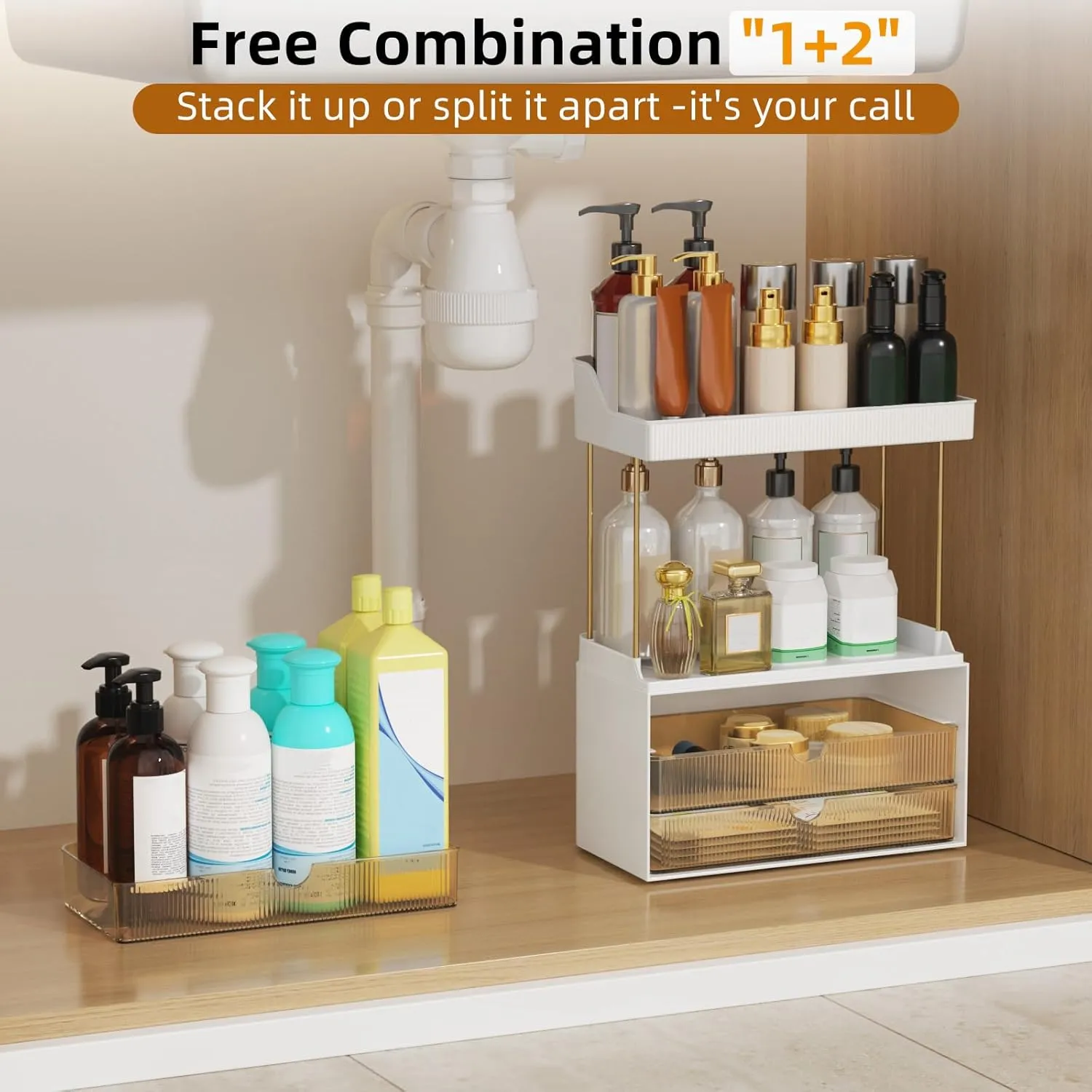 3 Drawers Makeup Organizer - 5 Tier Bathroom Organizers and Storage, Versatile Perfume Vanity Organizer, Ideal for Cosmetic, Large Skincare, Face Mask, Office Supplies, Amber