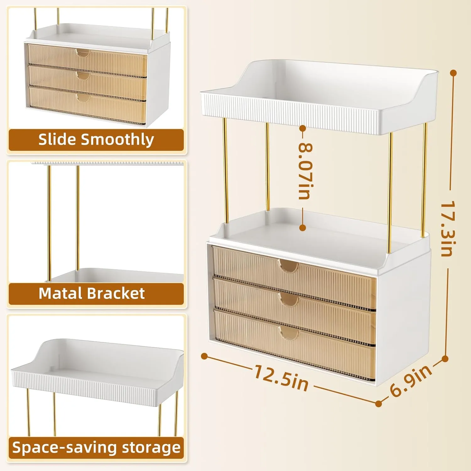 3 Drawers Makeup Organizer - 5 Tier Bathroom Organizers and Storage, Versatile Perfume Vanity Organizer, Ideal for Cosmetic, Large Skincare, Face Mask, Office Supplies, Amber