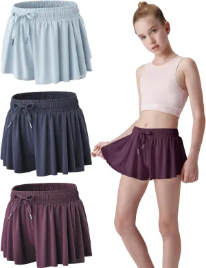 3 Pack Girls Flowy Shorts with Spandex Liner 2-in-1 Youth Butterfly Skirts for Fitness, Running, Sports