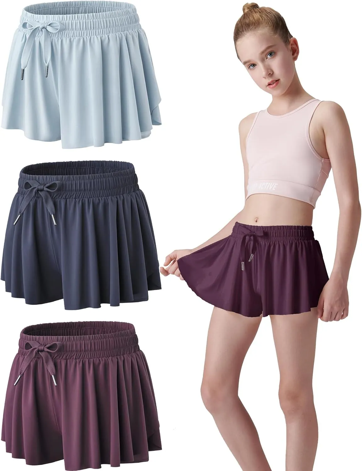 3 Pack Girls Flowy Shorts with Spandex Liner 2-in-1 Youth Butterfly Skirts for Fitness, Running, Sports