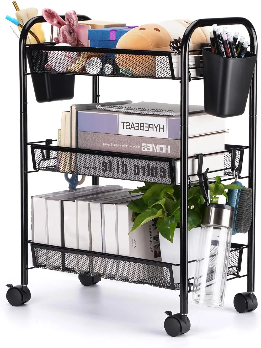 3 Tier All-Metal Rolling Utility Cart with Locking Wheels,Easy-Carry and Assembly Mesh Trolley Cart with 2 Small Baskets and 4 Hooks for Bathroom Kitchen Office Balcony,Slide-Out Narrow Shelf