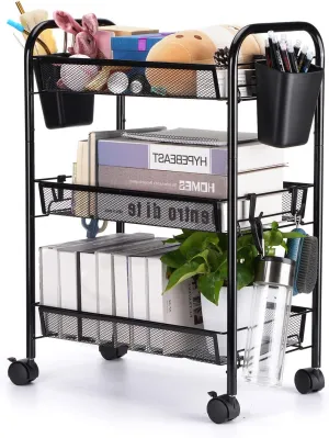 3 Tier All-Metal Rolling Utility Cart with Locking Wheels,Easy-Carry and Assembly Mesh Trolley Cart with 2 Small Baskets and 4 Hooks for Bathroom Kitchen Office Balcony,Slide-Out Narrow Shelf