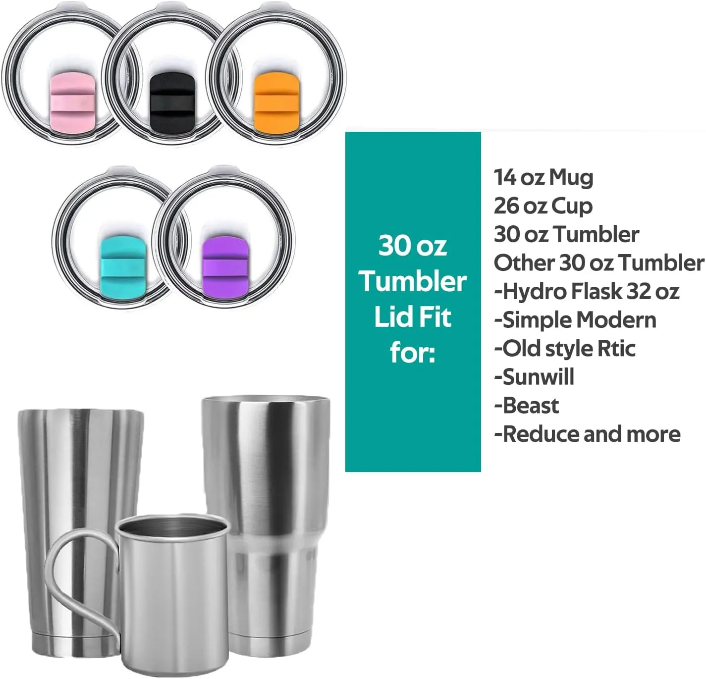 30 oz Magnetic Tumbler Lid for YETI Rambler, Ozark Trail, Old Style Rtic and More, Magnetic Slider Spill Proof Tumbler Cover（5 Pack）