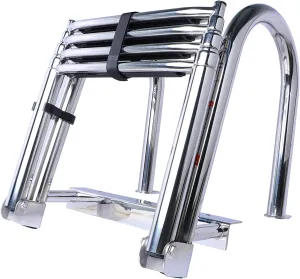 4 Step Pontoon Boat Ladder, 316 Stainless Steel Folding Telescoping Ladder for Rear Entry Inboard Boats - Heavy Duty, Wide Steps, Safe Handrails