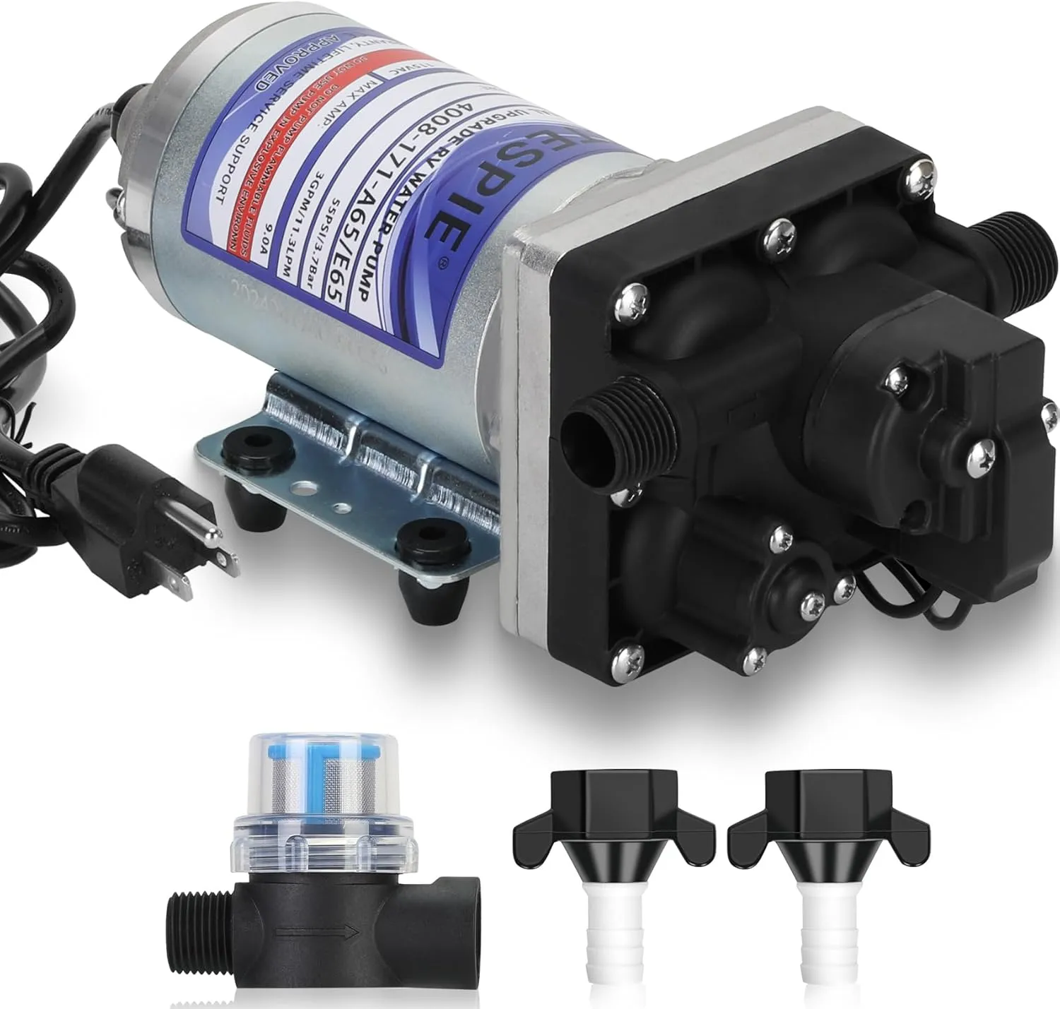 4008-171-A65/E65 Water Pump, 115V 3.0GPM with Strainer, Portable Electric Utility Water Pump 55PSI/3.7Bar, 3GPM/11.3LPM,Water Pump for RV Marine Boat, Sliver