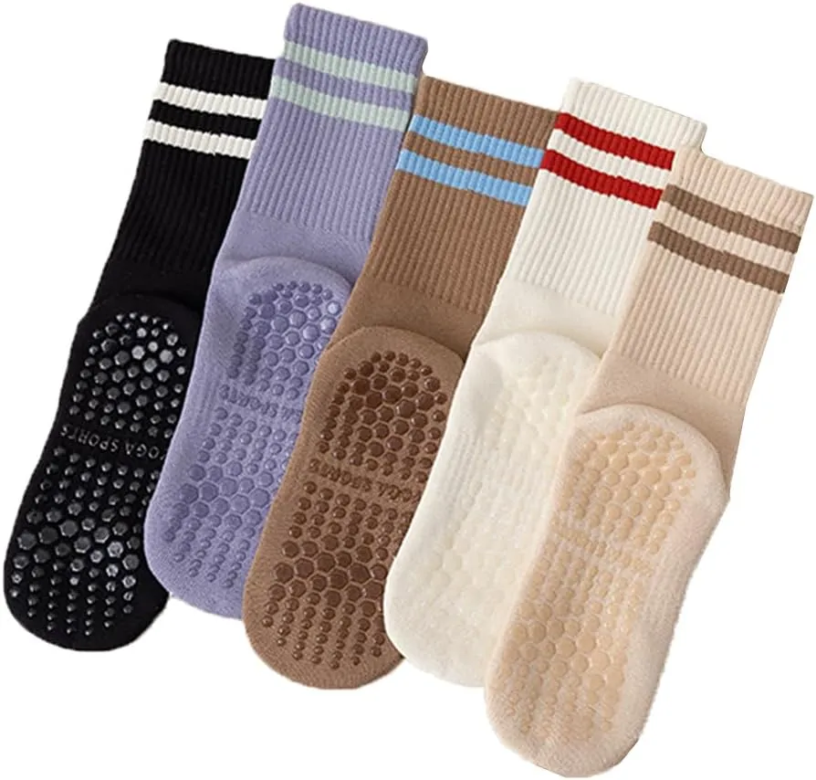 5 Pairs Yoga Socks Women's Medium Warm and shock-absorbing floor Socks Cotton Fitness Dance pilates Girl's Stockings Non slip Sports Thick sole