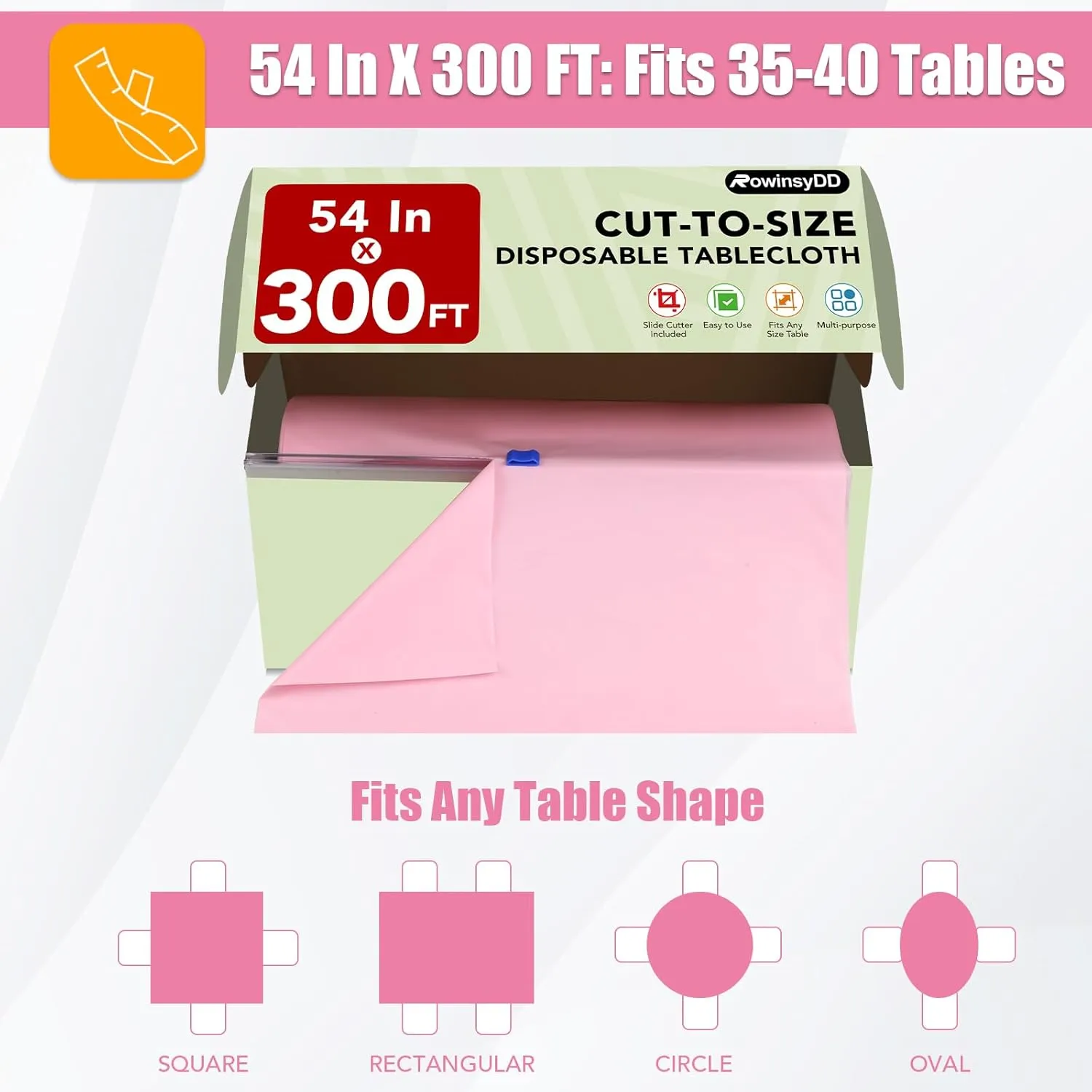 54 in X 300 FT Pink Plastic Table Cover Roll with Slide Cutter，Cuts Up to 36 Rectangle 8 Feet Disposable Plastic Table Cloths，Disposable Table Cover Roll for Dinning，Parties，BBQ，Wedding，Outdoor