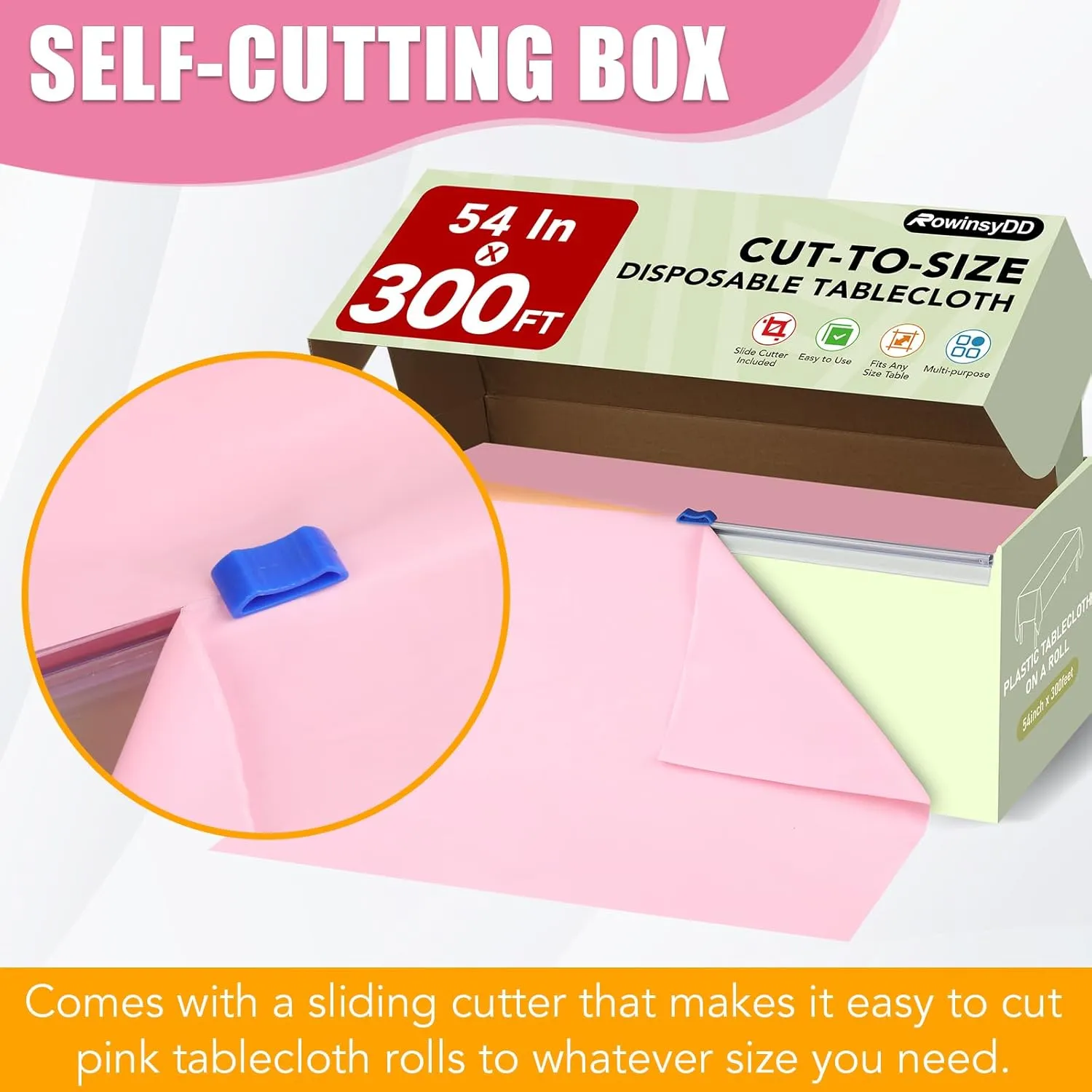 54 in X 300 FT Pink Plastic Table Cover Roll with Slide Cutter，Cuts Up to 36 Rectangle 8 Feet Disposable Plastic Table Cloths，Disposable Table Cover Roll for Dinning，Parties，BBQ，Wedding，Outdoor