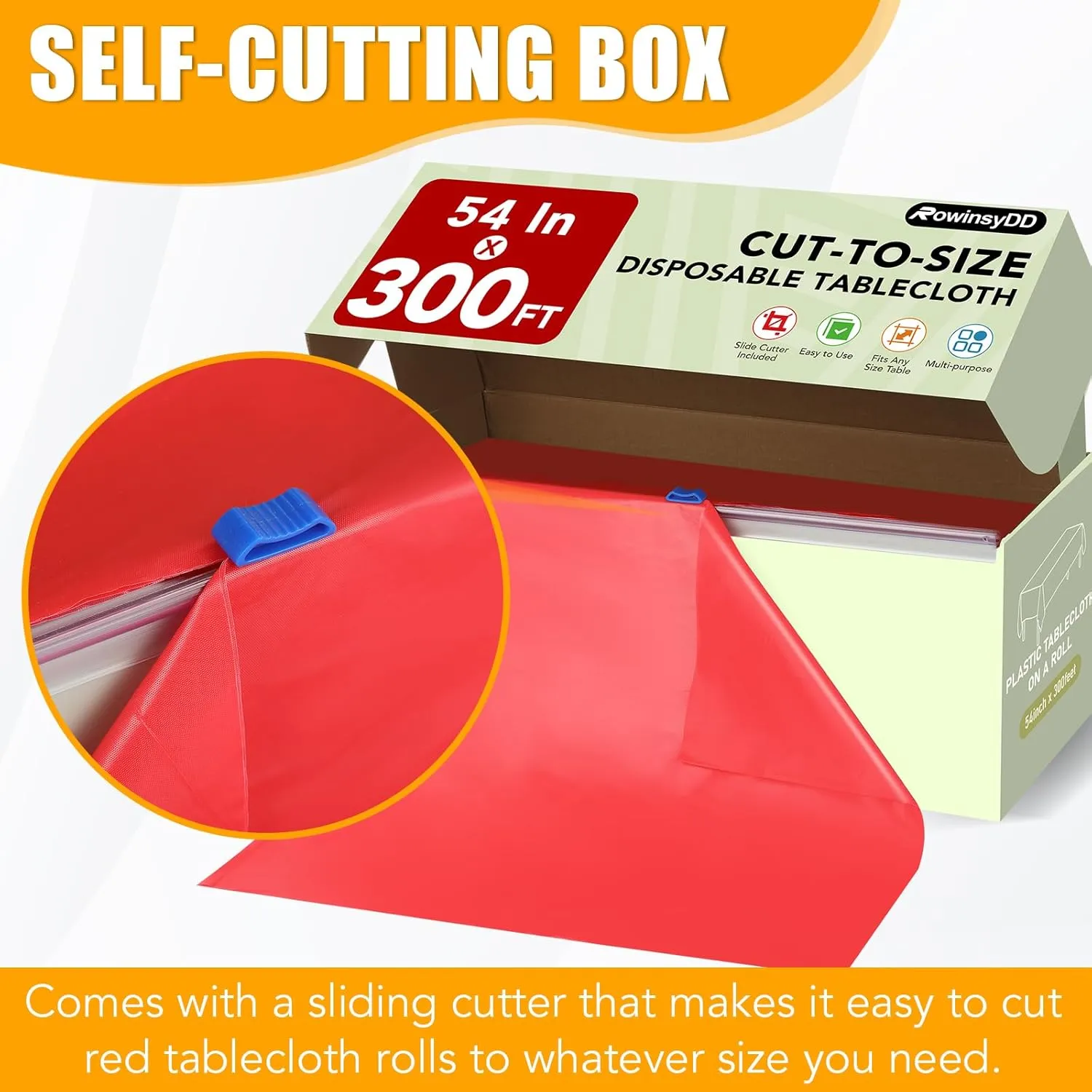 54 in X 300 FT Red Plastic Table Cover Roll with Slide Cutter，Cuts Up to 36 Rectangle 8 Feet Disposable Plastic Table Cloths，Disposable Table Cover Roll for Dinning，Parties，BBQ，Wedding，Outdoor
