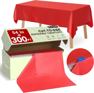 54 in X 300 FT Red Plastic Table Cover Roll with Slide Cutter，Cuts Up to 36 Rectangle 8 Feet Disposable Plastic Table Cloths，Disposable Table Cover Roll for Dinning，Parties，BBQ，Wedding，Outdoor