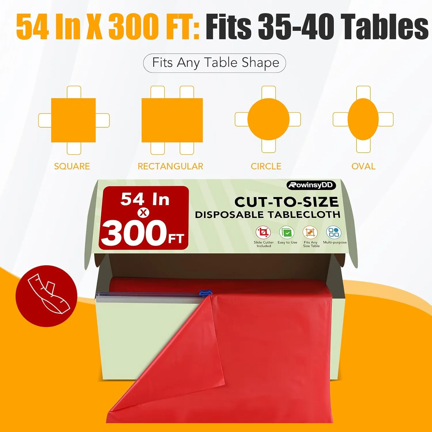54 in X 300 FT Red Plastic Table Cover Roll with Slide Cutter，Cuts Up to 36 Rectangle 8 Feet Disposable Plastic Table Cloths，Disposable Table Cover Roll for Dinning，Parties，BBQ，Wedding，Outdoor