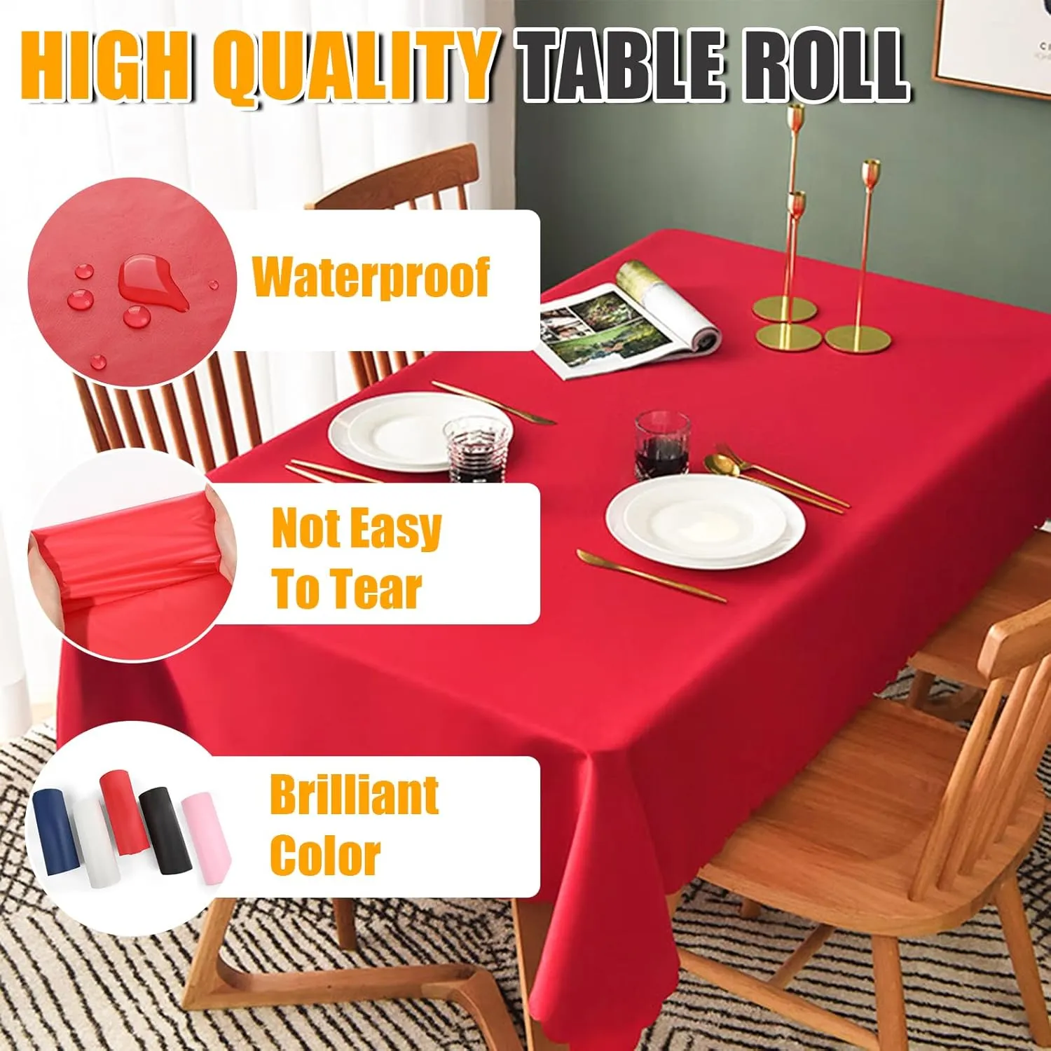 54 in X 300 FT Red Plastic Table Cover Roll with Slide Cutter，Cuts Up to 36 Rectangle 8 Feet Disposable Plastic Table Cloths，Disposable Table Cover Roll for Dinning，Parties，BBQ，Wedding，Outdoor