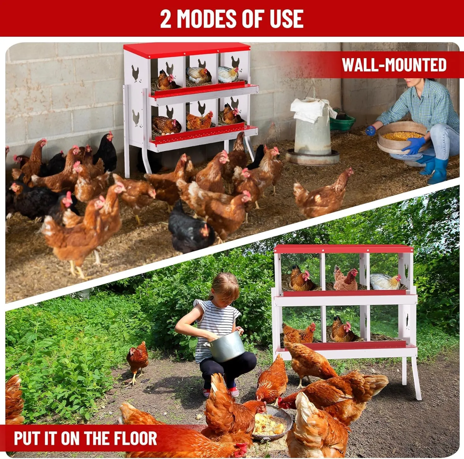 6-Compartment Chicken Nesting Box with Bracket, Chicken Nesting Boxes for Laying Eggs, Heavy Duty Metal Design for Hens/Ducks, Anti-Peck Rustproof Nest Box, Red