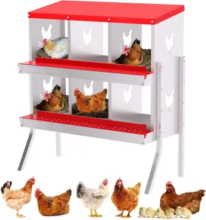 6-Compartment Chicken Nesting Box with Bracket, Chicken Nesting Boxes for Laying Eggs, Heavy Duty Metal Design for Hens/Ducks, Anti-Peck Rustproof Nest Box, Red