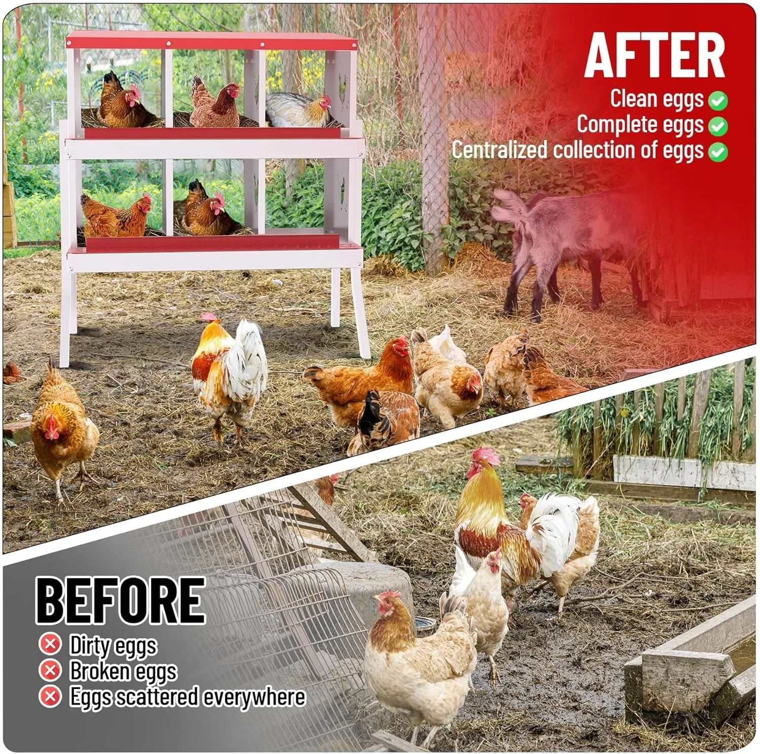 6-Compartment Chicken Nesting Box with Bracket, Chicken Nesting Boxes for Laying Eggs, Heavy Duty Metal Design for Hens/Ducks, Anti-Peck Rustproof Nest Box, Red