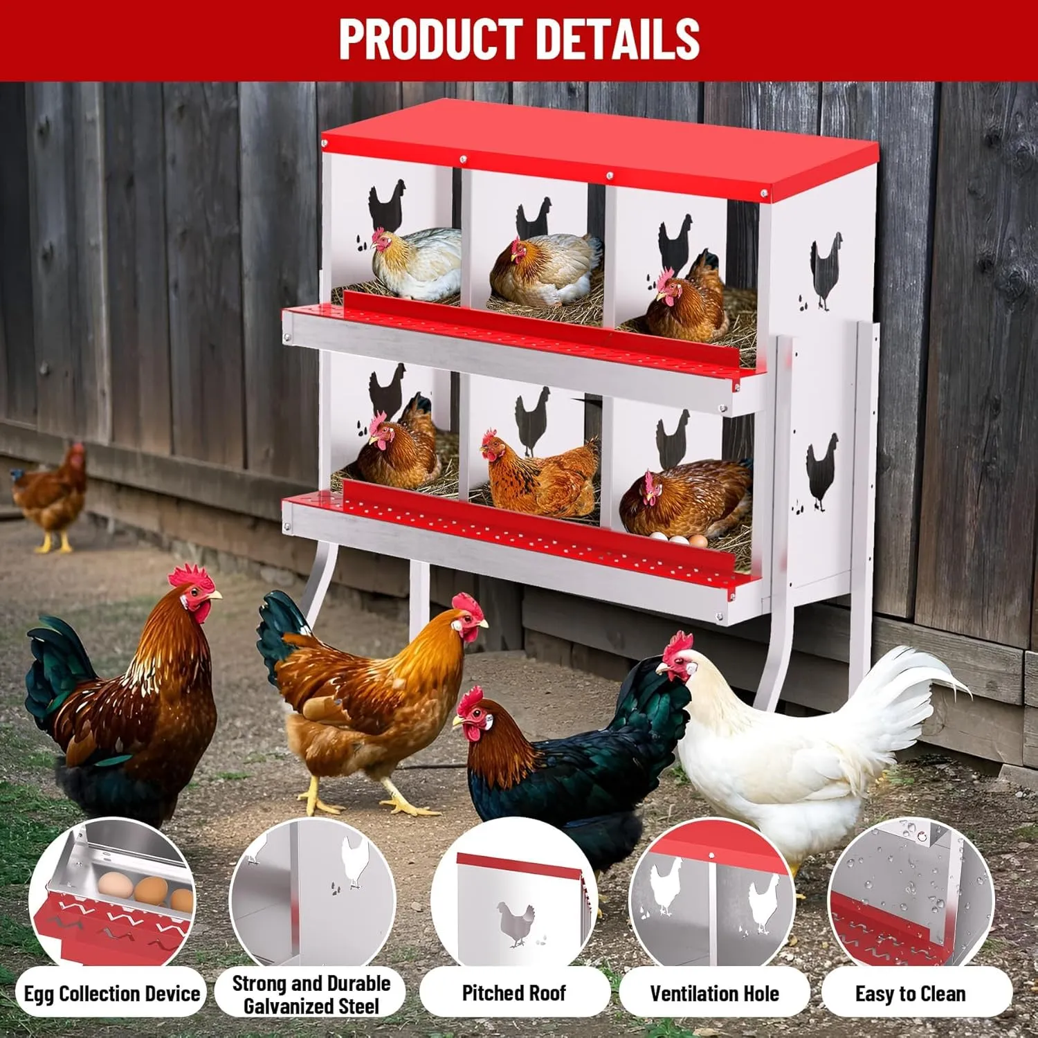 6-Compartment Chicken Nesting Box with Bracket, Chicken Nesting Boxes for Laying Eggs, Heavy Duty Metal Design for Hens/Ducks, Anti-Peck Rustproof Nest Box, Red