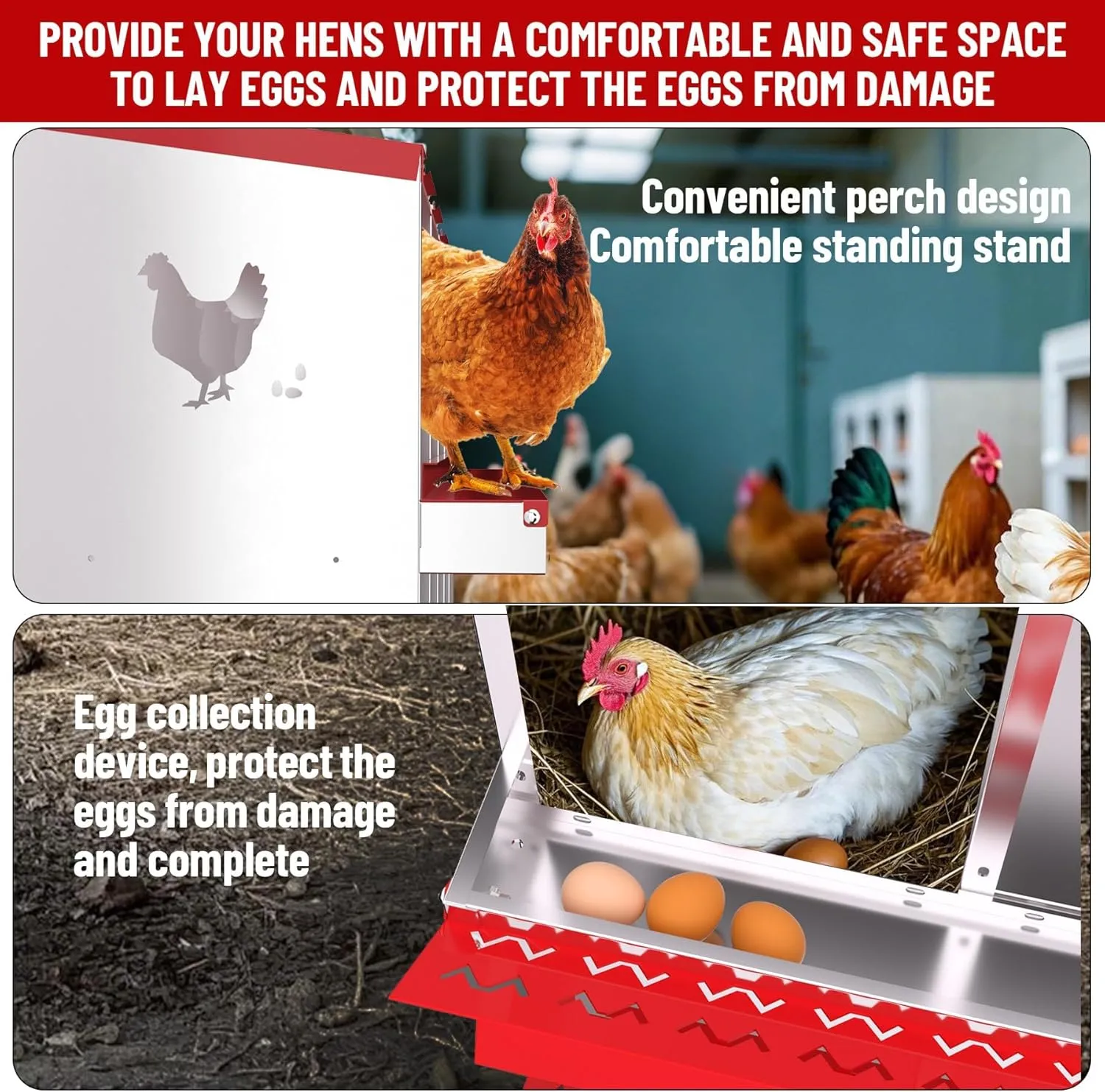 6-Compartment Chicken Nesting Box with Bracket, Chicken Nesting Boxes for Laying Eggs, Heavy Duty Metal Design for Hens/Ducks, Anti-Peck Rustproof Nest Box, Red