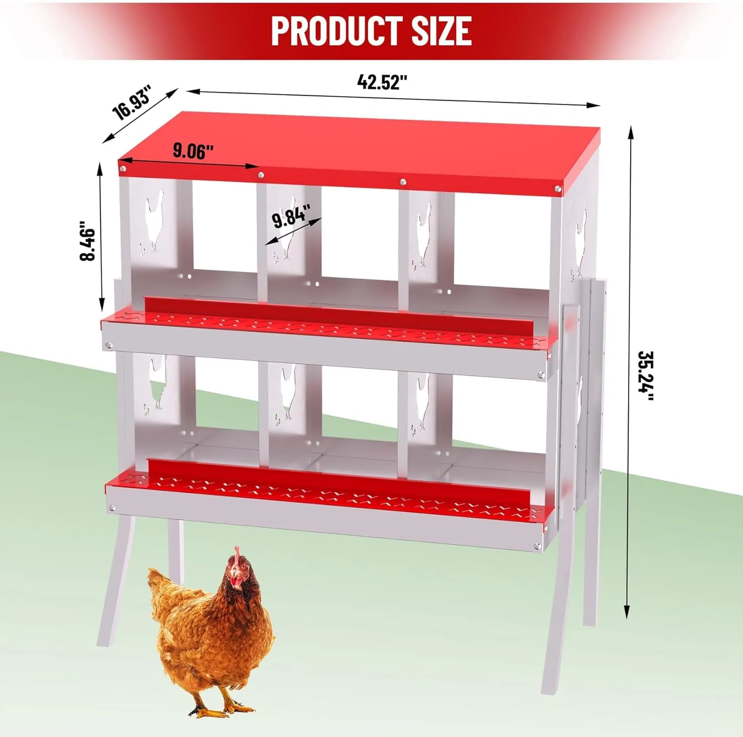 6-Compartment Chicken Nesting Box with Bracket, Chicken Nesting Boxes for Laying Eggs, Heavy Duty Metal Design for Hens/Ducks, Anti-Peck Rustproof Nest Box, Red