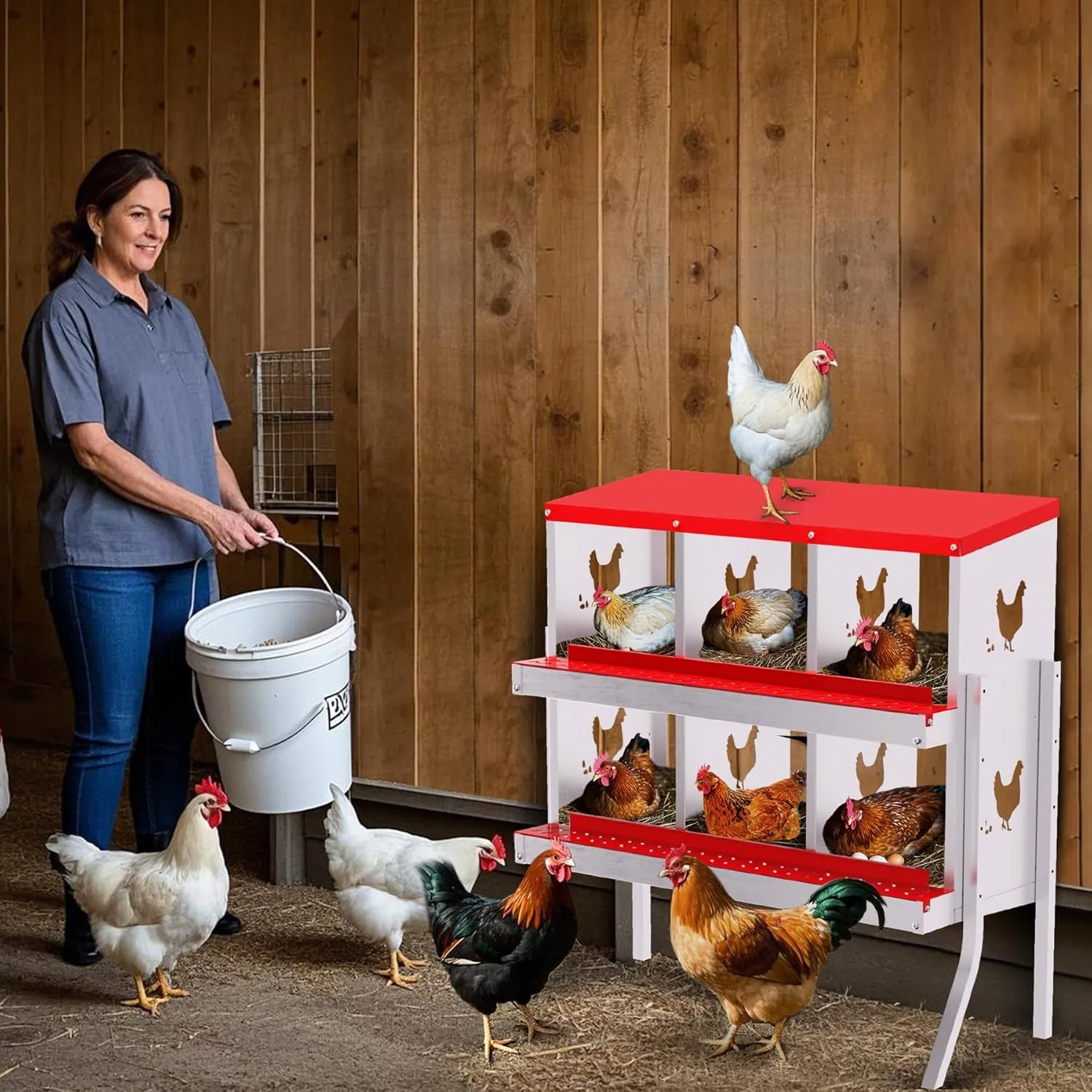 6-Compartment Chicken Nesting Box with Bracket, Chicken Nesting Boxes for Laying Eggs, Heavy Duty Metal Design for Hens/Ducks, Anti-Peck Rustproof Nest Box, Red