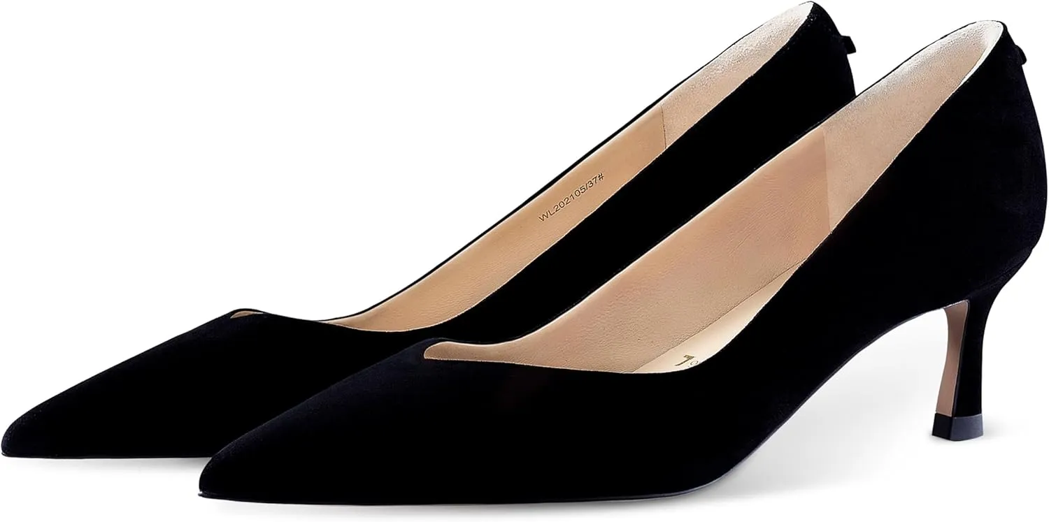 7or9 Kitten Heels for Women Comfortable Leather High Heels Pointed Toe Women's Pumps Black Heels 2"