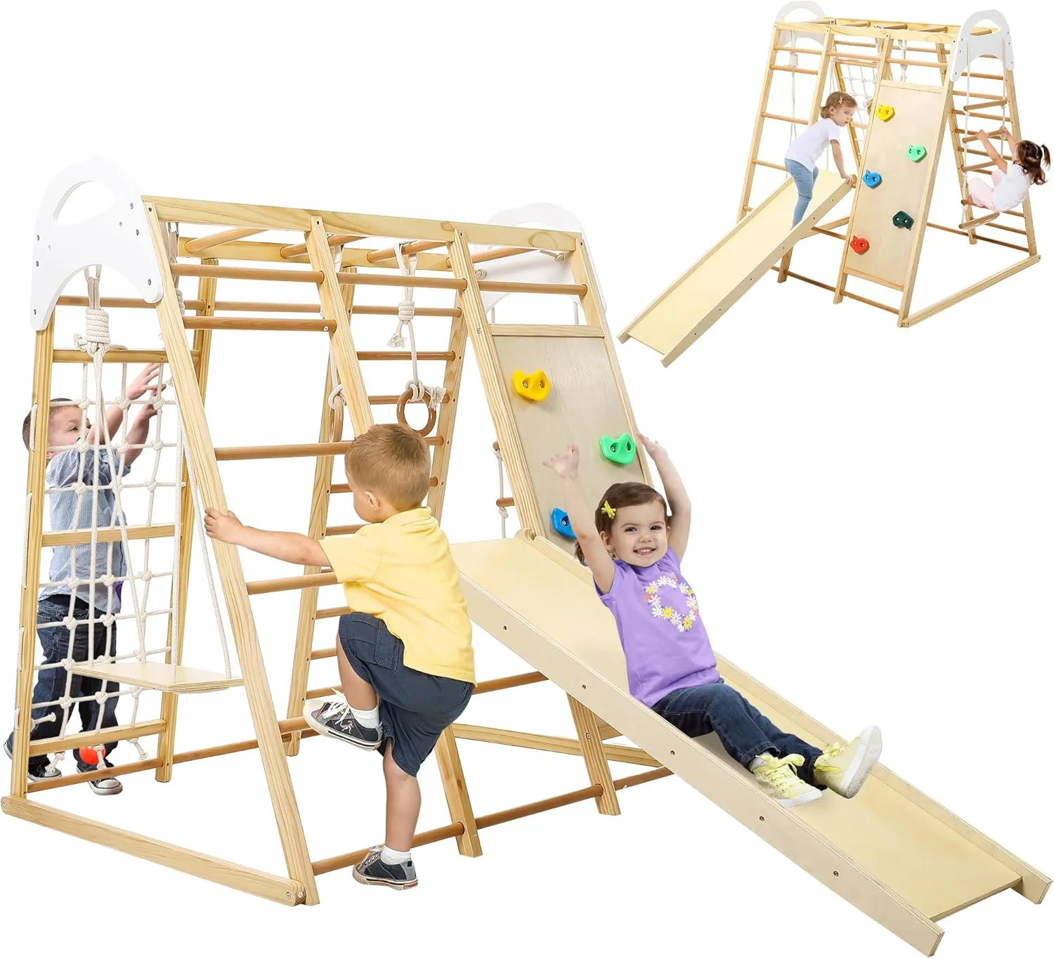 8-in-1 Climbing Toys for Toddlers, Indoor Playground Climber Playset, Wooden Climbing Gym with Swing, Slide, Climbing Wall, Jungle Gym for Kids Aged 3-8