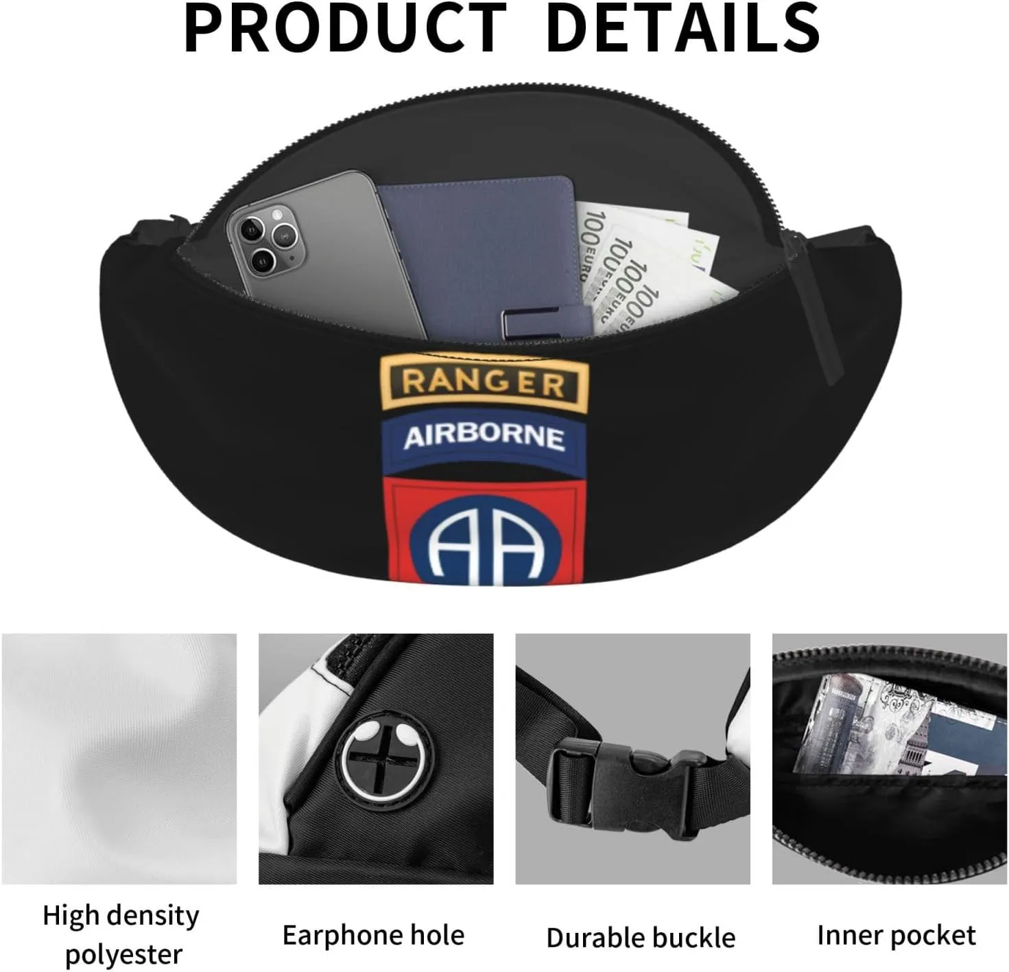82nd Airborne Fanny Pack Daypack Crossbody Waist Bag For Travel Sports Running Hiking, Black