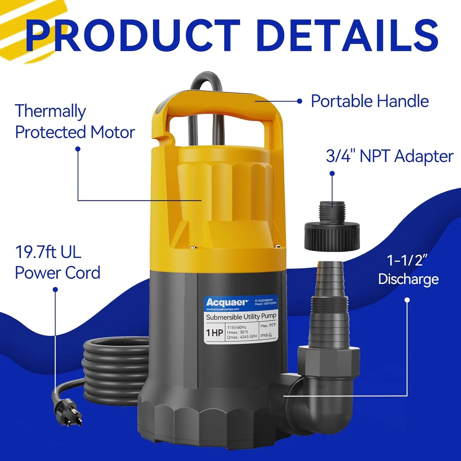 Acquaer 1HP Sump Pump, 4345GPH Submersible Water Pump for Water Removal in Hot Tubs, Pools, Basements, and Garden Ponds