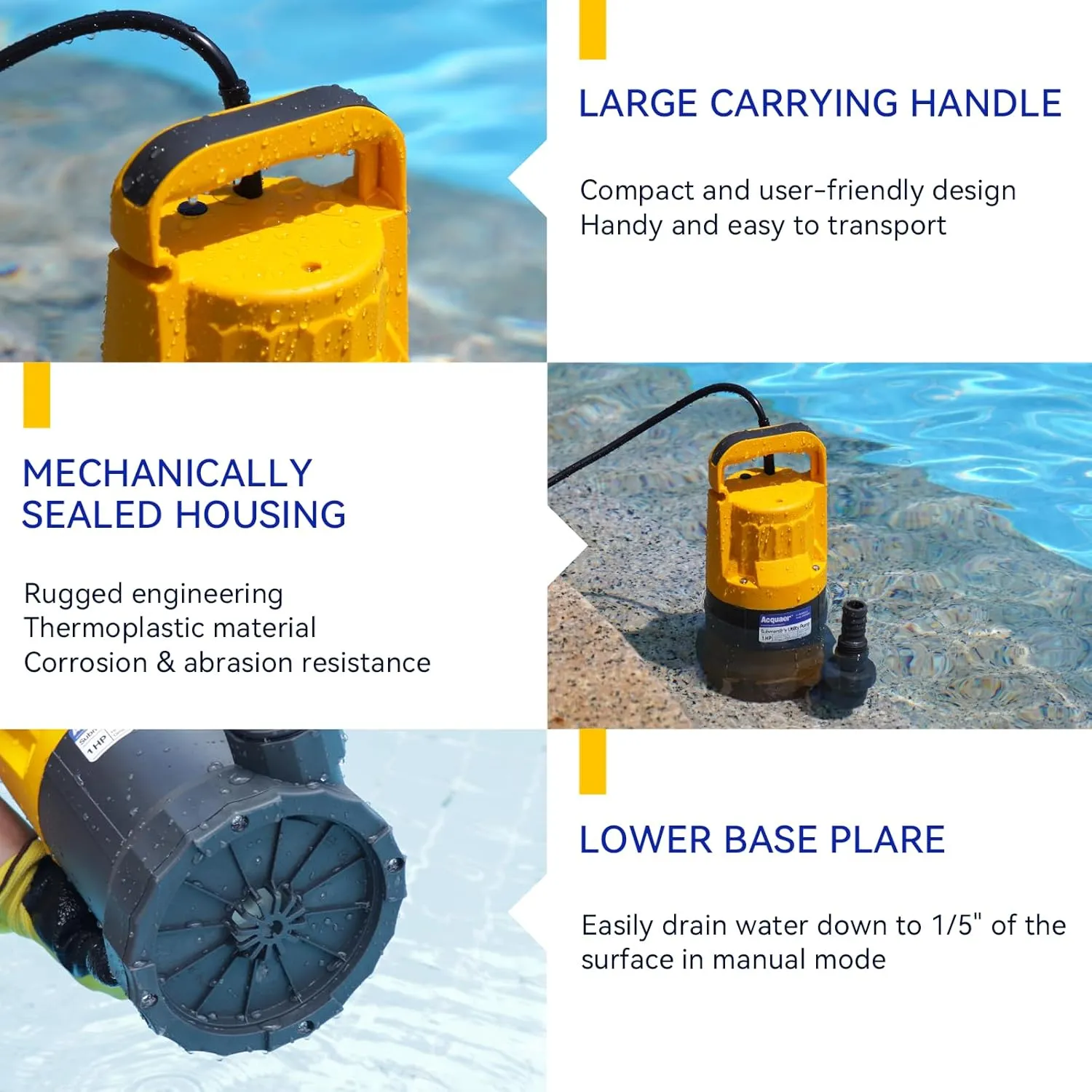 Acquaer 1HP Sump Pump, 4345GPH Submersible Water Pump for Water Removal in Hot Tubs, Pools, Basements, and Garden Ponds