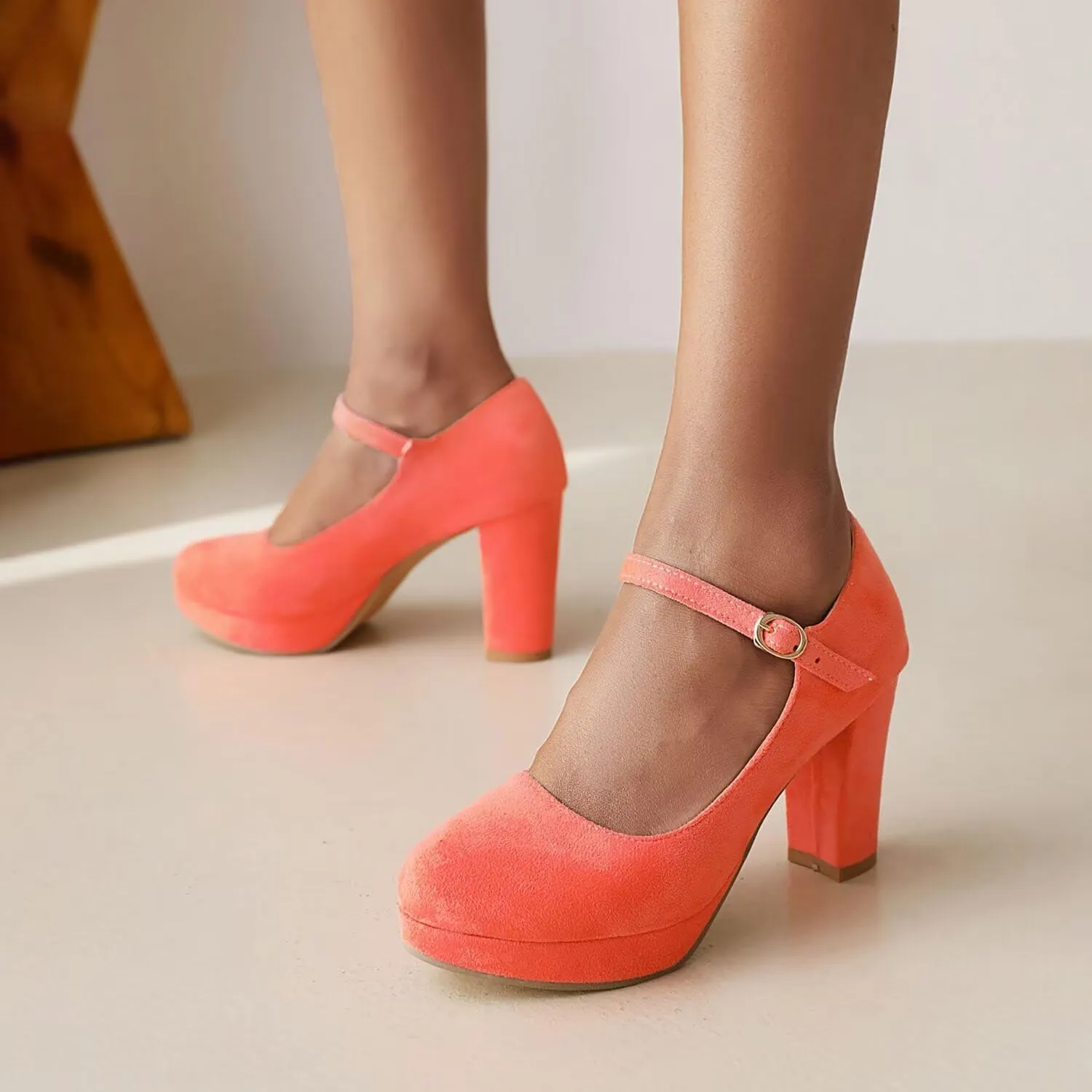 Agodor Women's Chunky Heel Mary Jane Lolita Platform Shoes Suede Round Toe Block Heel Pumps