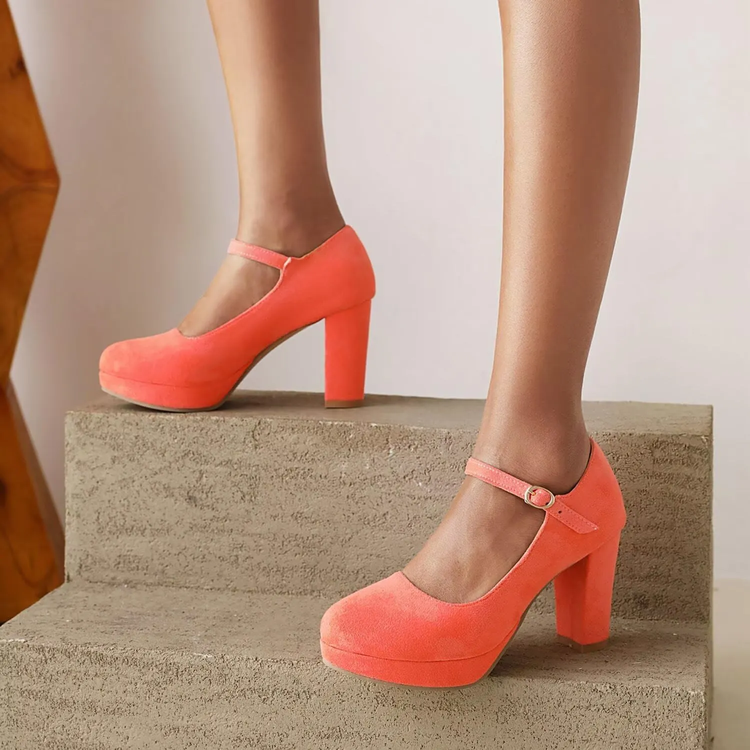 Agodor Women's Chunky Heel Mary Jane Lolita Platform Shoes Suede Round Toe Block Heel Pumps