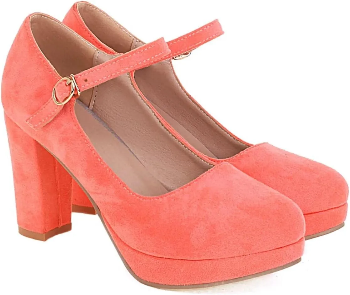 Agodor Women's Chunky Heel Mary Jane Lolita Platform Shoes Suede Round Toe Block Heel Pumps