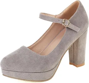 Agodor Women's Chunky Heel Mary Jane Lolita Platform Shoes Suede Round Toe Block Heel Pumps