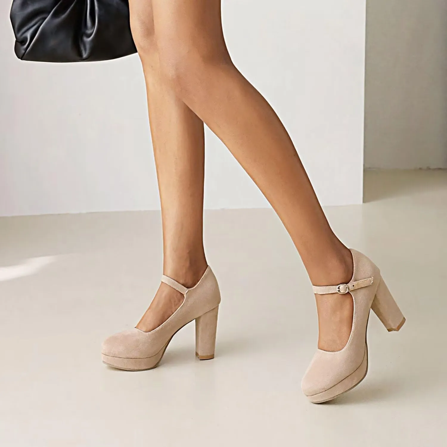 Agodor Women's Chunky Heel Mary Jane Lolita Platform Shoes Suede Round Toe Block Heel Pumps