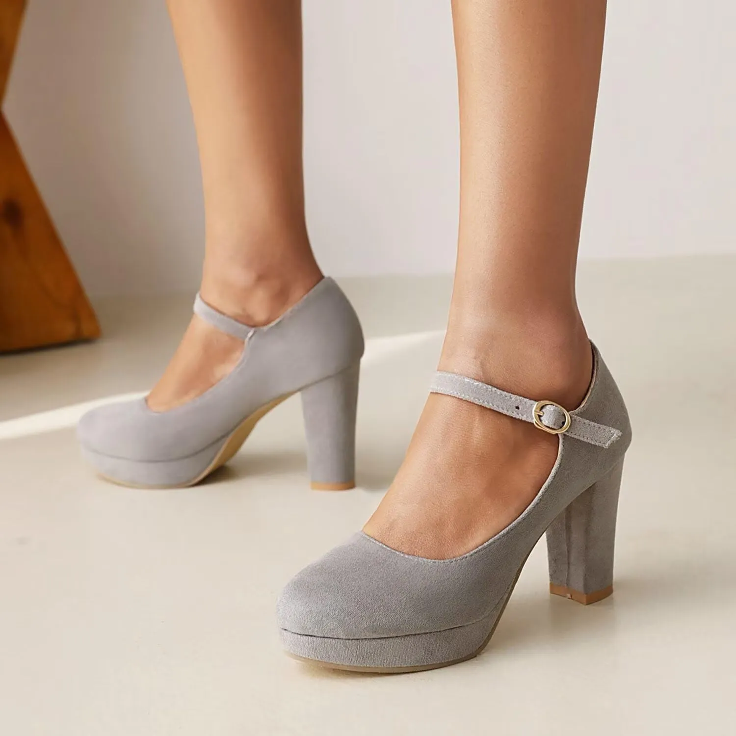 Agodor Women's Chunky Heel Mary Jane Lolita Platform Shoes Suede Round Toe Block Heel Pumps
