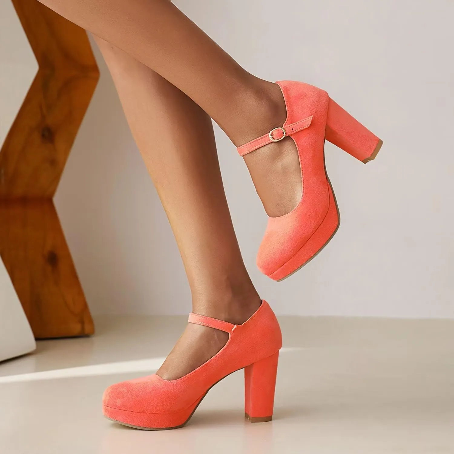 Agodor Women's Chunky Heel Mary Jane Lolita Platform Shoes Suede Round Toe Block Heel Pumps