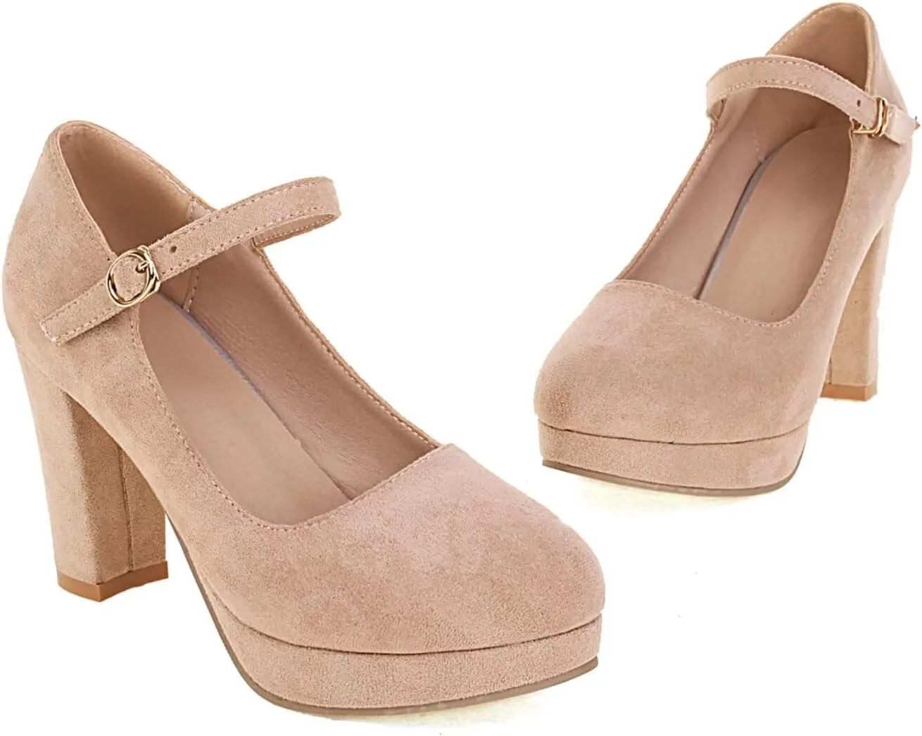 Agodor Women's Chunky Heel Mary Jane Lolita Platform Shoes Suede Round Toe Block Heel Pumps