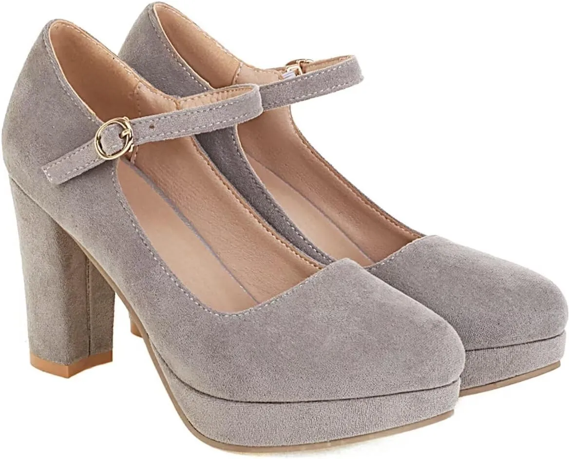 Agodor Women's Chunky Heel Mary Jane Lolita Platform Shoes Suede Round Toe Block Heel Pumps